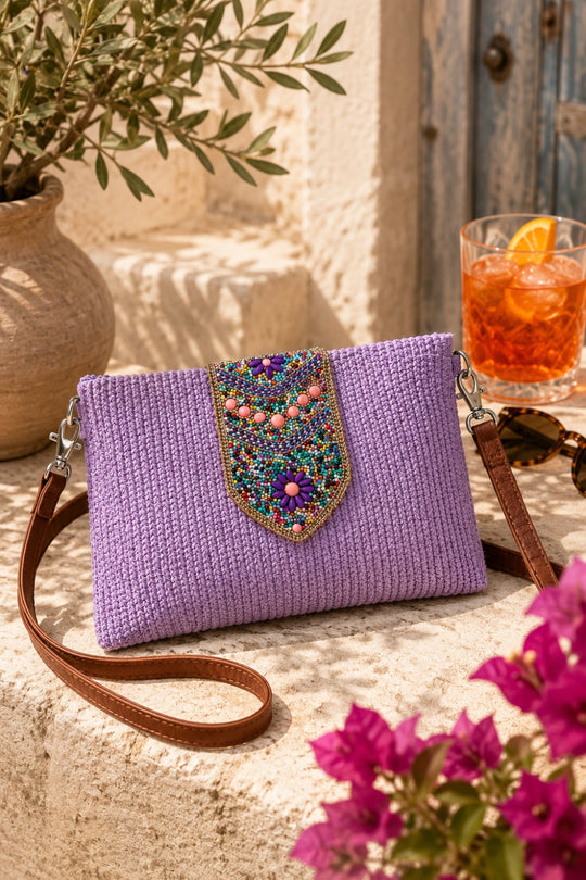 Capri Embellished Woven Crossbody Clutch Bag - Purple