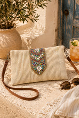 Capri Embellished Woven Crossbody Clutch Bag - Cream