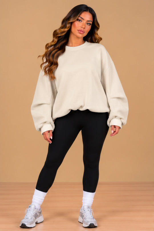 Imogen Oversized Ruched Hem Fleece Sweatshirt – Cream