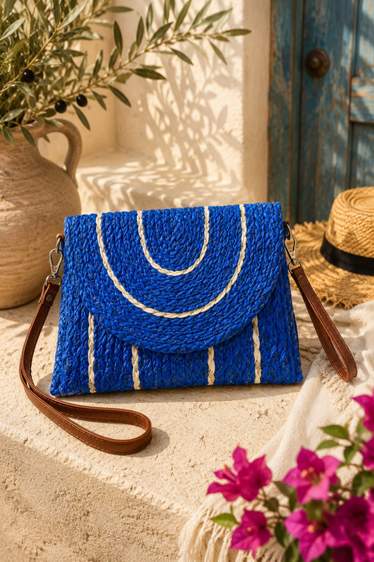 Amalfi Woven Straw Crossbody Clutch Bag - Blue