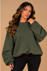 Imogen Oversized Ruched Hem Fleece Sweatshirt – Khaki