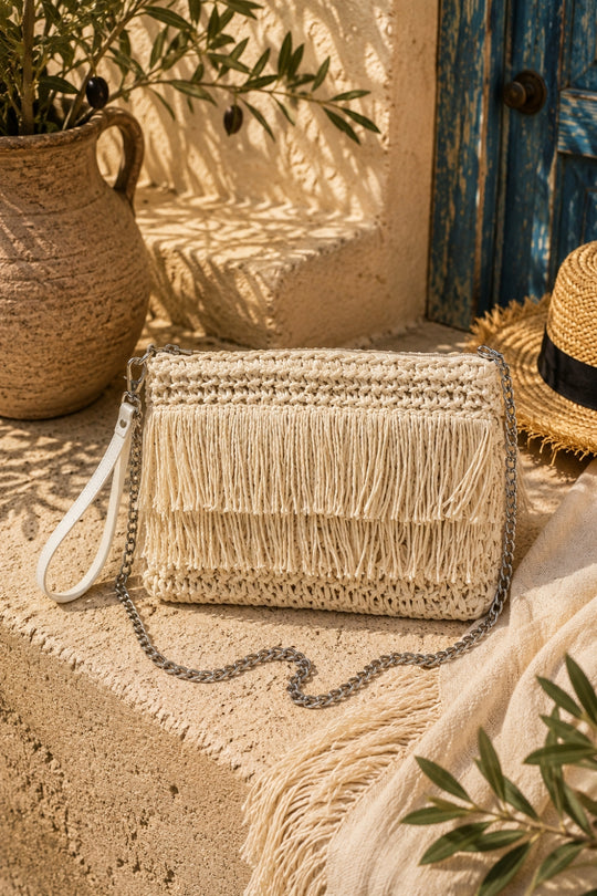 Bodrum Fringed Woven Crossbody Clutch Bag - Cream