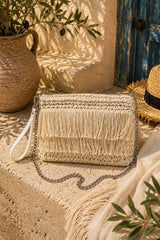 Bodrum Fringed Woven Crossbody Clutch Bag - Cream