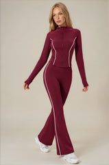 Eliza Piped Flared Zip-Up Co-Ord Set - Wine