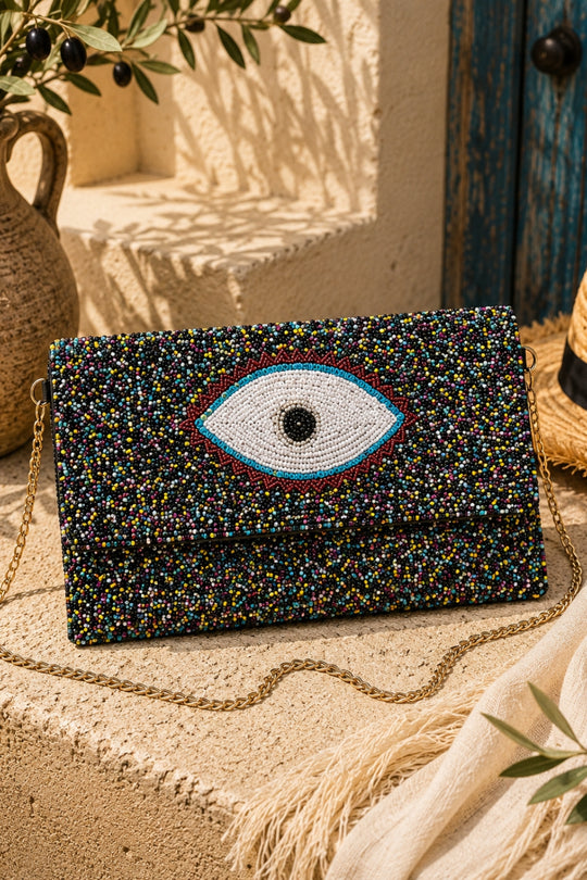 Beaded Evil Eye Chain Clutch Bag - Black