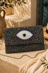 Beaded Evil Eye Chain Clutch Bag - Black