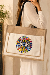 Printed Jute Shopper Tote Bag - Evil Eye