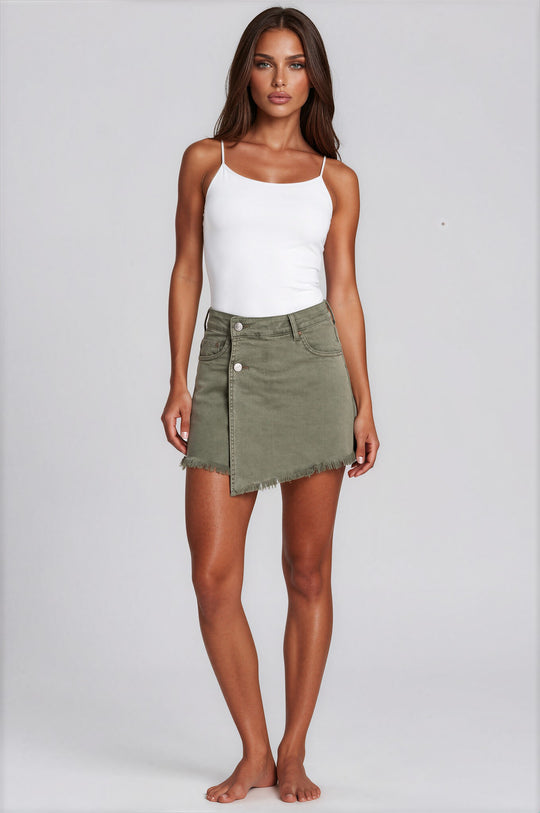 Mia Stretch Denim Wrap Skort – Khaki