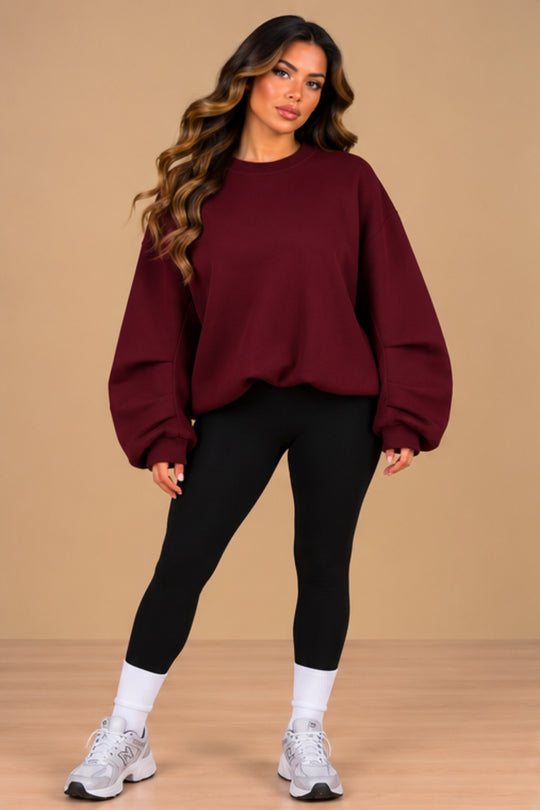 Imogen Oversized Ruched Hem Fleece Sweatshirt – Wine