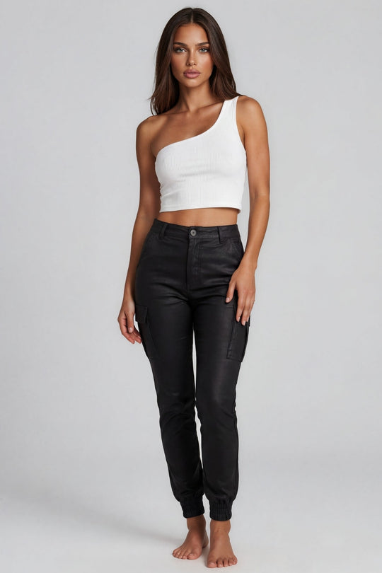 Charlene Wet Look Coated Cargo Trousers – Black