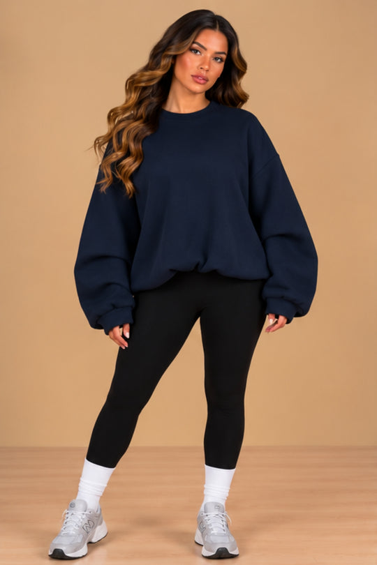 Imogen Oversized Ruched Hem Fleece Sweatshirt – Navy