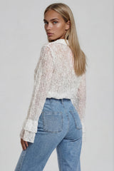 Phoebe Lace Frill Tie Front Top - White