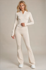 Amaya Ruched Bum Flared Zip Co-Ord Set - Beige