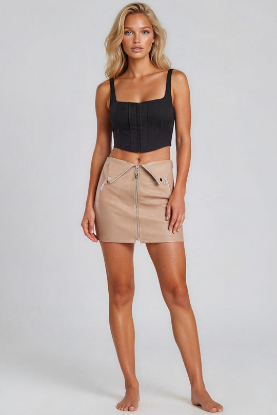 Madeline Beige PU Zip Detail Biker Mini Skirt