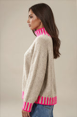 Isabella Contrast Trim Roll Neck Jumper - Stone/Neon Pink