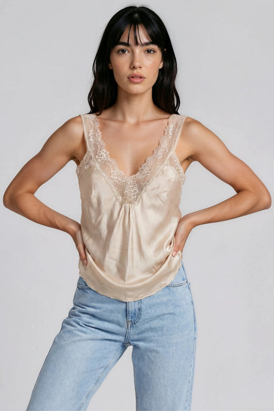 Skyler Satin Lace Trim Cami Top - Beige