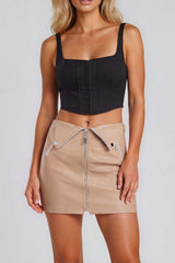 Madeline Beige PU Zip Detail Biker Mini Skirt