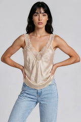Skyler Satin Lace Trim Cami Top - Beige