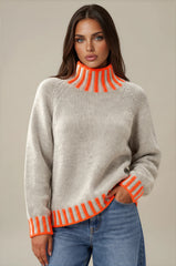 Isabella Contrast Trim Roll Neck Jumper - Stone/Neon Orange