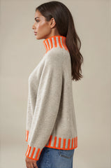 Isabella Contrast Trim Roll Neck Jumper - Stone/Neon Orange