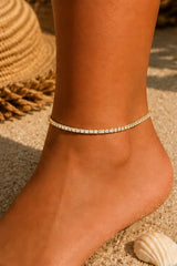 Single Row 3mm Cubic Zirconia Tennis Anklet - Gold