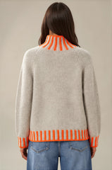Isabella Contrast Trim Roll Neck Jumper - Stone/Neon Orange