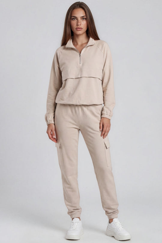 Zaria Pocket & Zip Detail Loungewear Set - Stone