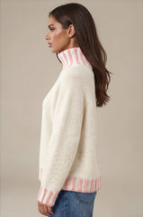 Isabella Contrast Trim Roll Neck Jumper - Cream / Pink