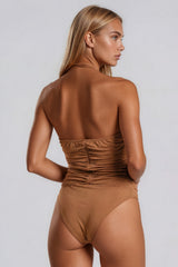 Aniya Ruched Halter Neck Bodysuit - Camel