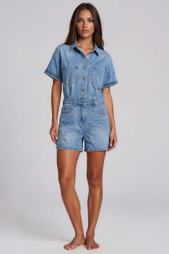 Mila Utility Denim Playsuit – Light Wash Blue