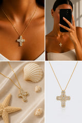 Brilliant & Baguette Cut Cross Pendant Necklace – Gold