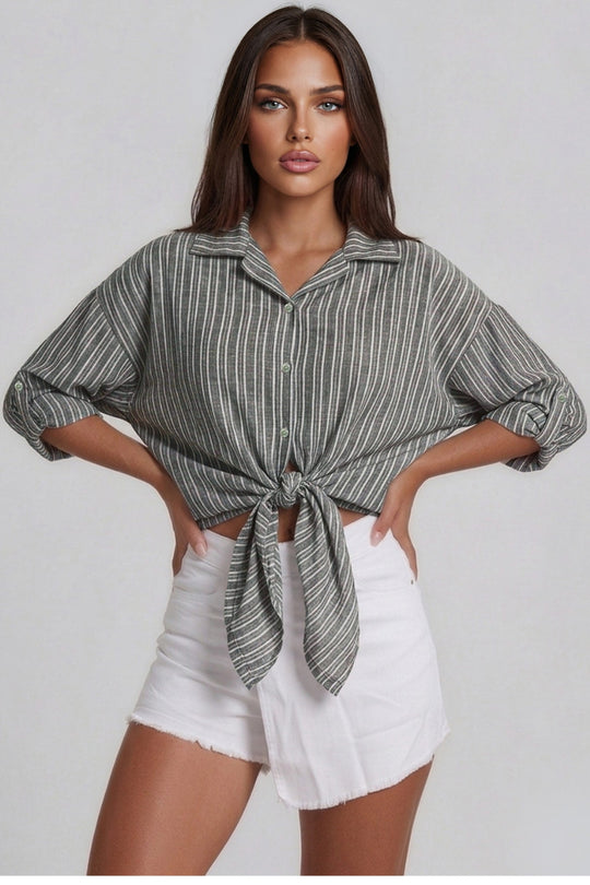Luna Striped Tie Front Shirt - Black