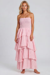 Daisy Smocked Bandeau Cotton Maxi Dress - Pink