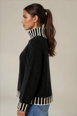 Isabella Contrast Trim Roll Neck Jumper - Black / Cream