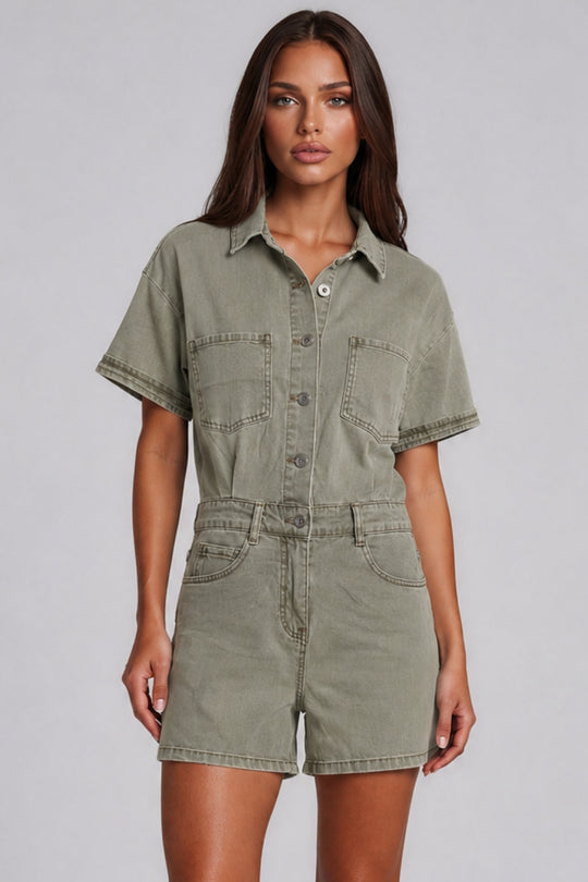 Mila Utility Denim Playsuit – Khaki