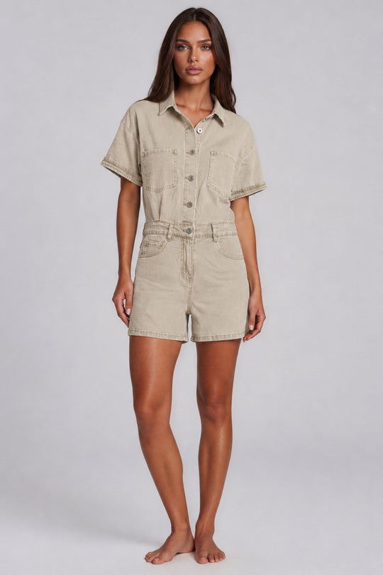 Mila Utility Denim Playsuit – Stone