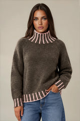 Isabella Contrast Trim Roll Neck Jumper - Mocha / Pink