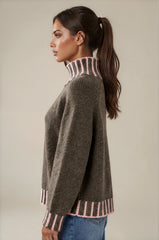 Isabella Contrast Trim Roll Neck Jumper - Mocha / Pink