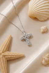 Brilliant & Baguette Cut Cross Pendant Necklace – Silver