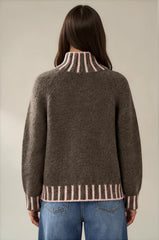 Isabella Contrast Trim Roll Neck Jumper - Mocha / Pink