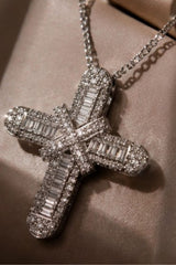 Brilliant & Baguette Cut Cross Pendant Necklace – Silver