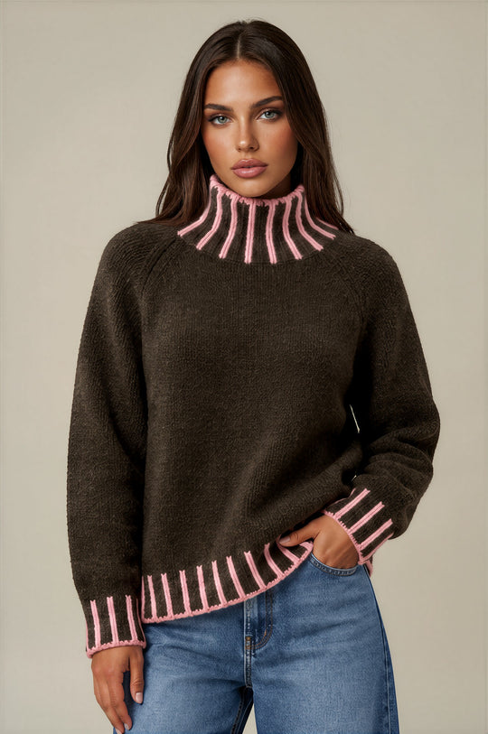 Isabella Contrast Trim Roll Neck Jumper - Chocolate / Pink