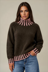 Isabella Contrast Trim Roll Neck Jumper - Chocolate / Pink
