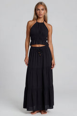 Evelyn Halter Neck Peplum Top & Tiered Maxi Skirt Co-Ord Set – Black