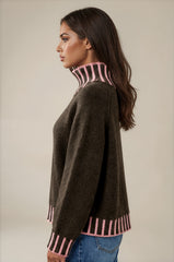 Isabella Contrast Trim Roll Neck Jumper - Chocolate / Pink