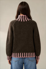 Isabella Contrast Trim Roll Neck Jumper - Chocolate / Pink