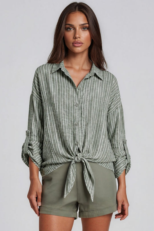 Luna Striped Tie Front Shirt - Khaki