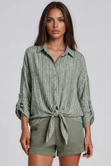 Luna Striped Tie Front Shirt - Khaki
