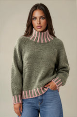 Isabella Contrast Trim Roll Neck Jumper - Khaki / Pink
