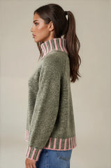Isabella Contrast Trim Roll Neck Jumper - Khaki / Pink